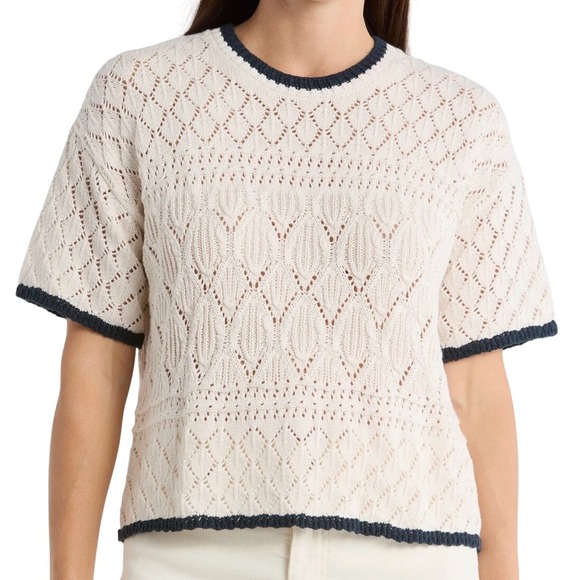 Splendid Sweaters - Splendid Honore Tipped Cotton Sweater Women M Cream Navy Pointelle Knit New
